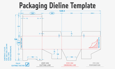 Packaging Dieline Template. 2D Technical Drawing File Eps Scale. Fully editable vector. Prepared for industrial production.