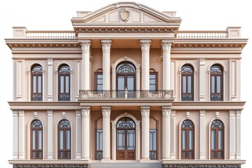 Obraz premium Elegant historical building facade, featuring multiple levels, arched windows, decorative columns, and a balcony