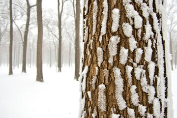 Fototapeta premium Snowy tree trunk in winter forest
