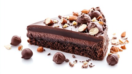 Decadent chocolate cake slice with nuts & ganache on white, close-up