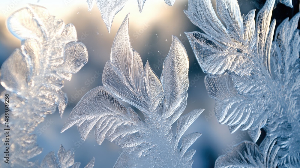 Poster detailed frost patterns on a windowpane in the soft morning light.