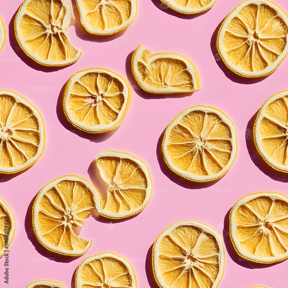 Poster uniform pattern of dried lemon slices with shadow on a pink background. flat lay