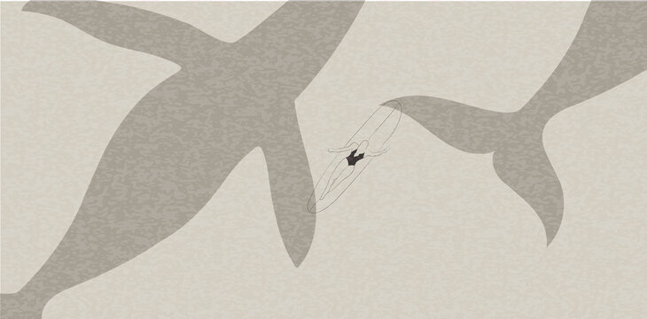 serfing girl in ocean with whales illustration