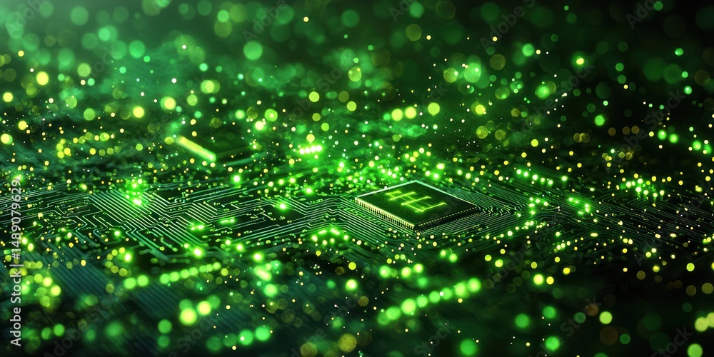 Poster glowing green circuit board with a central processor, surrounded by bokeh. complex technology displa