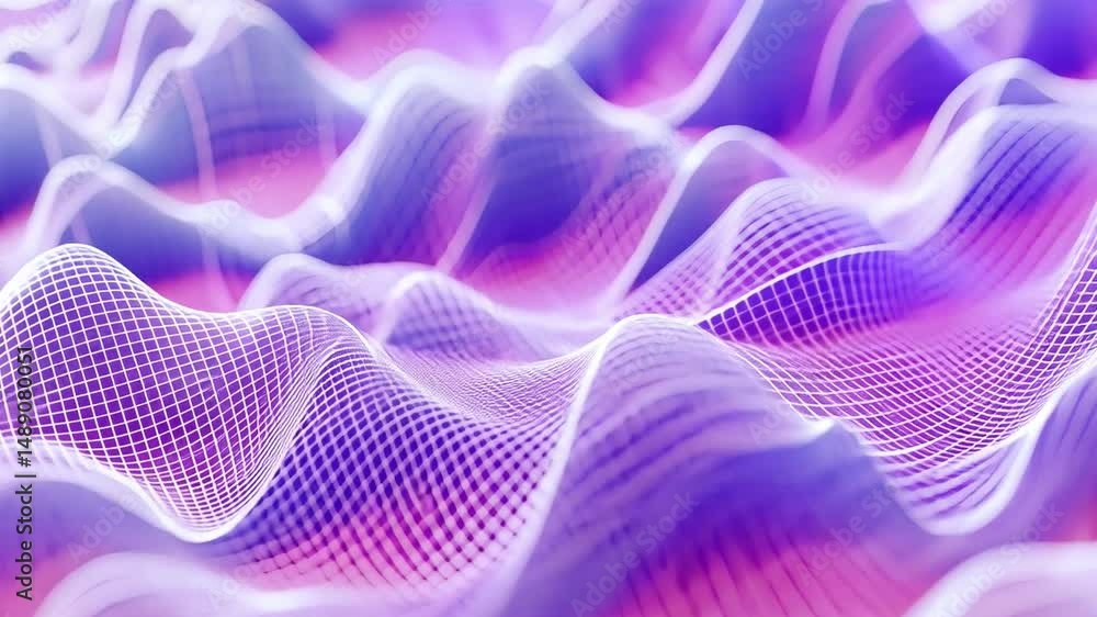 Poster vibrant abstract waves in purple and pink digital design flowing with energy, featuring grid pattern