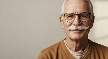 Portrait of a senior man with mustache and glasses looking at camera