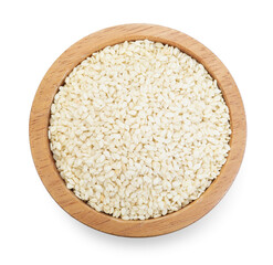 Sesame seeds in bowl isolated on white, top view