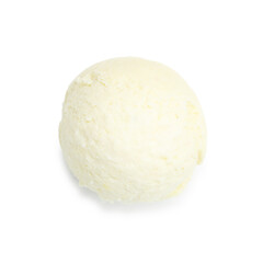 One scoop of delicious ice cream on white background, top view
