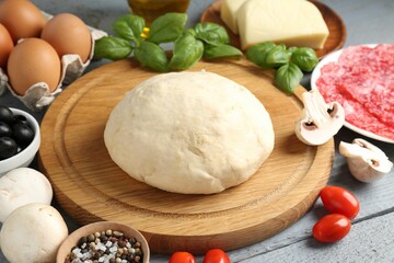 Making pizza. Different ingredients on gray wooden table, closeup