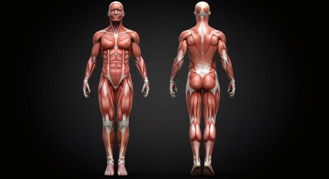 Human anatomy muscle structure front and back view medical illustration