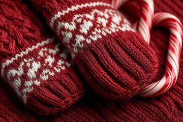 Christmas knitted red scarf mittens with candy canes cozy holiday clothing flat lay