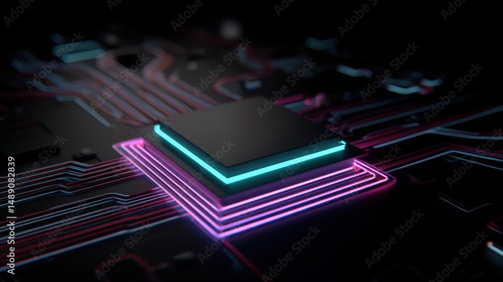 Poster abstract close-up of a microchip with glowing circuit paths in a dark environment emphasizing techno