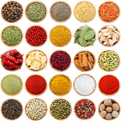 Different aromatic spices in bowls isolated on white, set. Top view