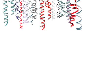 Many serpentine streamers on white background. Party decor