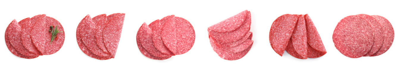 Salami sausage slices on white background, set. Top view