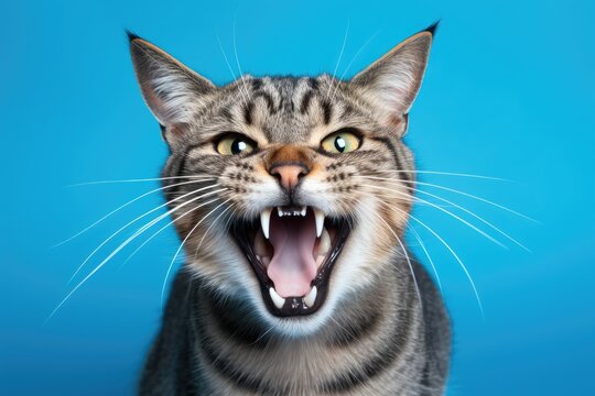 Angry tabby cat hissing with open mouth on blue background. Domestic animal emotion. Pet aggression concept for veterinary clinic, animal behavior study