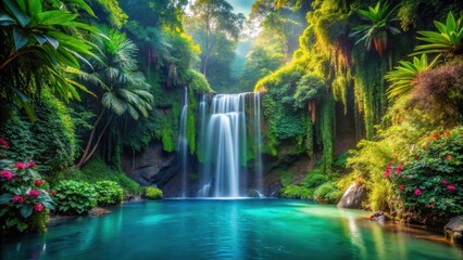Serene Waterfall Cascading into a Vibrant Emerald Pool, Surrounded by Lush Tropical Foliage and Blooming Flowers
