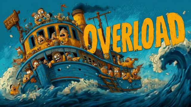 Cartoon ship overloaded with frantic characters and the word 'OVERLOAD' above as it sails through stormy waves, expressing chaos and burnout.