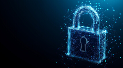 Blue glowing lock floating in digital space, symbolizing modern cybersecurity, protected data transmission, and secure cloud storage solutions