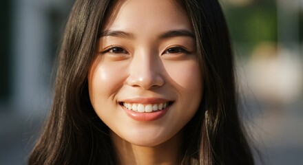 Obraz premium Portrait of beautiful asian woman smiling with perfect white teeth outdoors