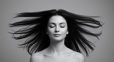 Serene Woman with Flowing Dark Hair in Black and White Portrait on Plain Background Demonstrating Peace and Tranquility for Decoration Beauty and Wellness Concepts