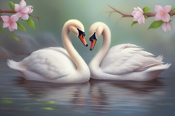 Naklejka premium Two white swans forming heart shape in water with cherry blossoms. Romantic spring scene. Valentine's Day card design. Symbol of love, devotion and togetherness concept