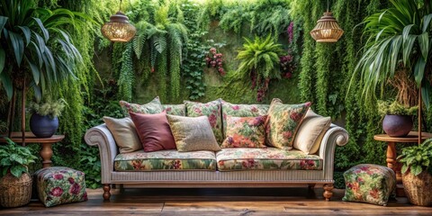 Cozy floral sofa nestled in a warm, inviting alcove with soft cushions and intricate patterns, surrounded by lush greenery and natural textures , design, home decor