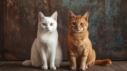 Obraz premium Two cats, one white, one orange, sitting side-by-side