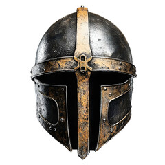 Aged metallic medieval helmet with cross design on stark black background