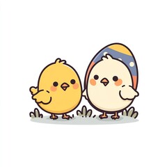 two fluffy chicks playing near Easter egg icon
