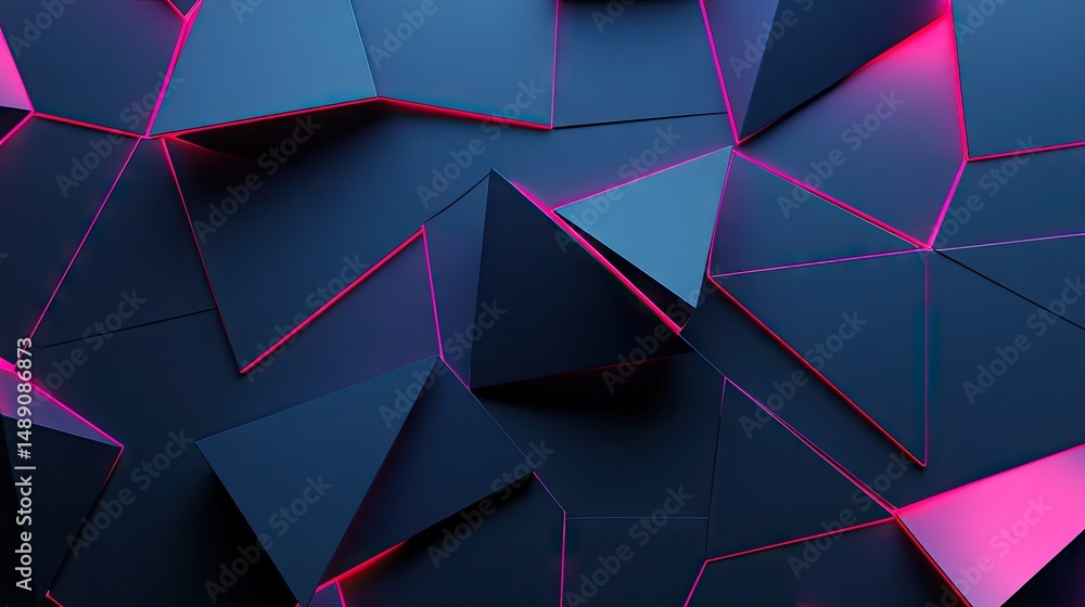 Poster abstract geometric pattern of dark shapes with pink highlights.