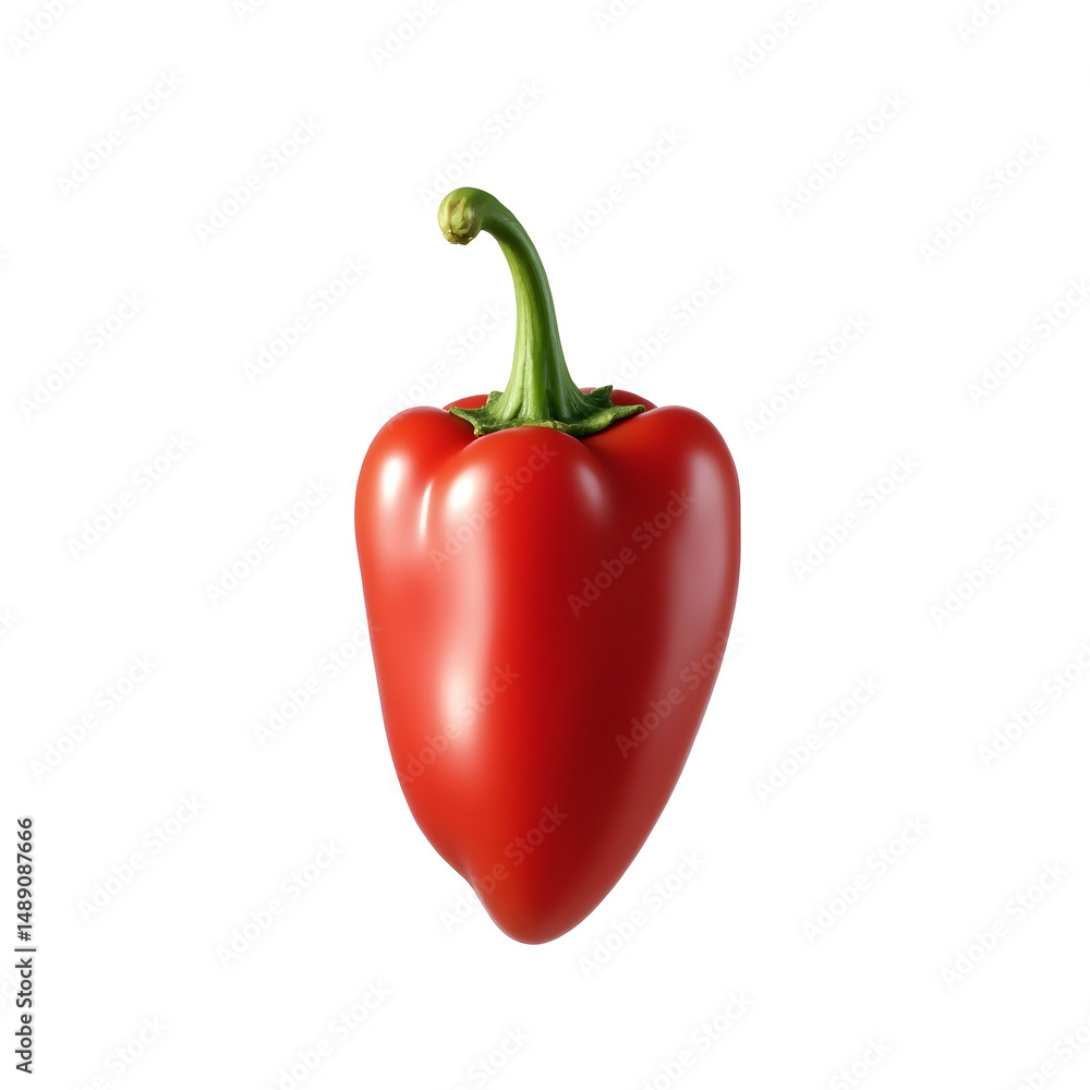 Poster close up shot of a single ripe red bell pepper with smooth shiny skin isolated on a simple studio se