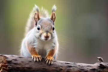 Obraz premium Cute red squirrel on tree branch with fluffy ears and white fur. Wildlife portrait for World Animal Day greeting card. Adorable forest creature concept.
