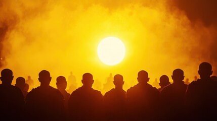 Early morning Vesak prayer with monks facing sunrise behind temple silhouette