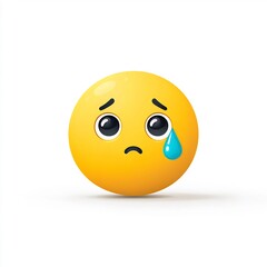 Sad face emoji with tear on white background