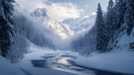 Obraz premium Snowy mountain valley with a winding frozen river.