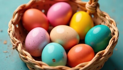 Group of speckled & solid color eggs in a basket, painted, nest, food