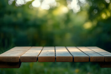 Tranquil wooden table with blurred bokeh background nature photography outdoor close-up serenity
