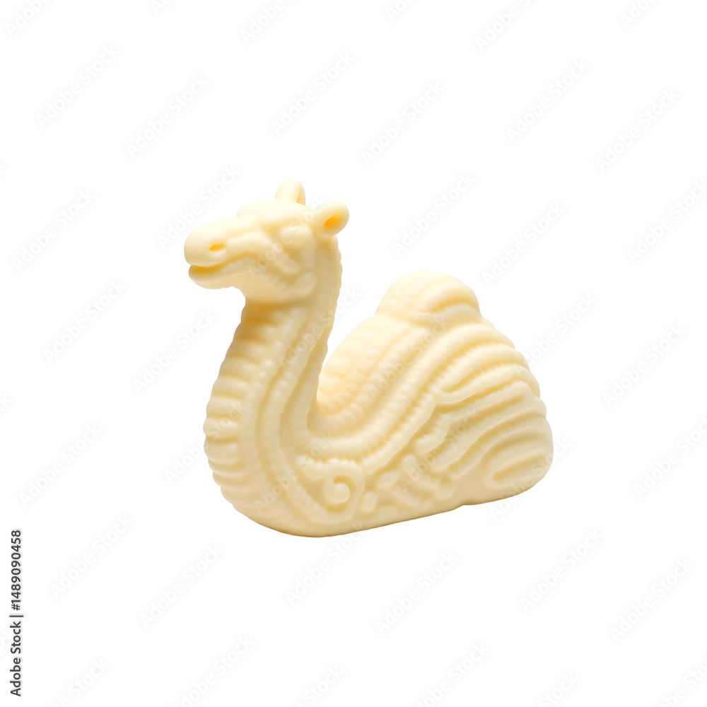 Aufkleber close-up of a creamy white camel-shaped cookie with intricate details presented against a plain sett