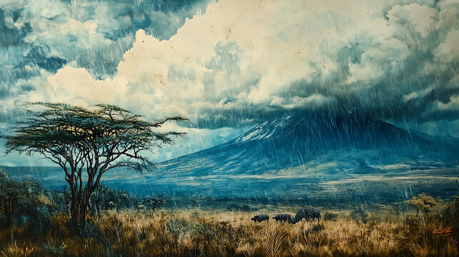  A sudden downpour on Mount Kilimanjaro with dark clouds rolling 