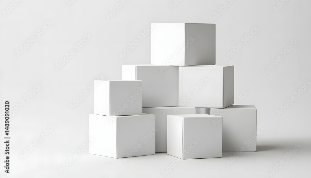 Poster white cube boxes stacked on a plain background with random gaps and shifts, geometric, boxes, design