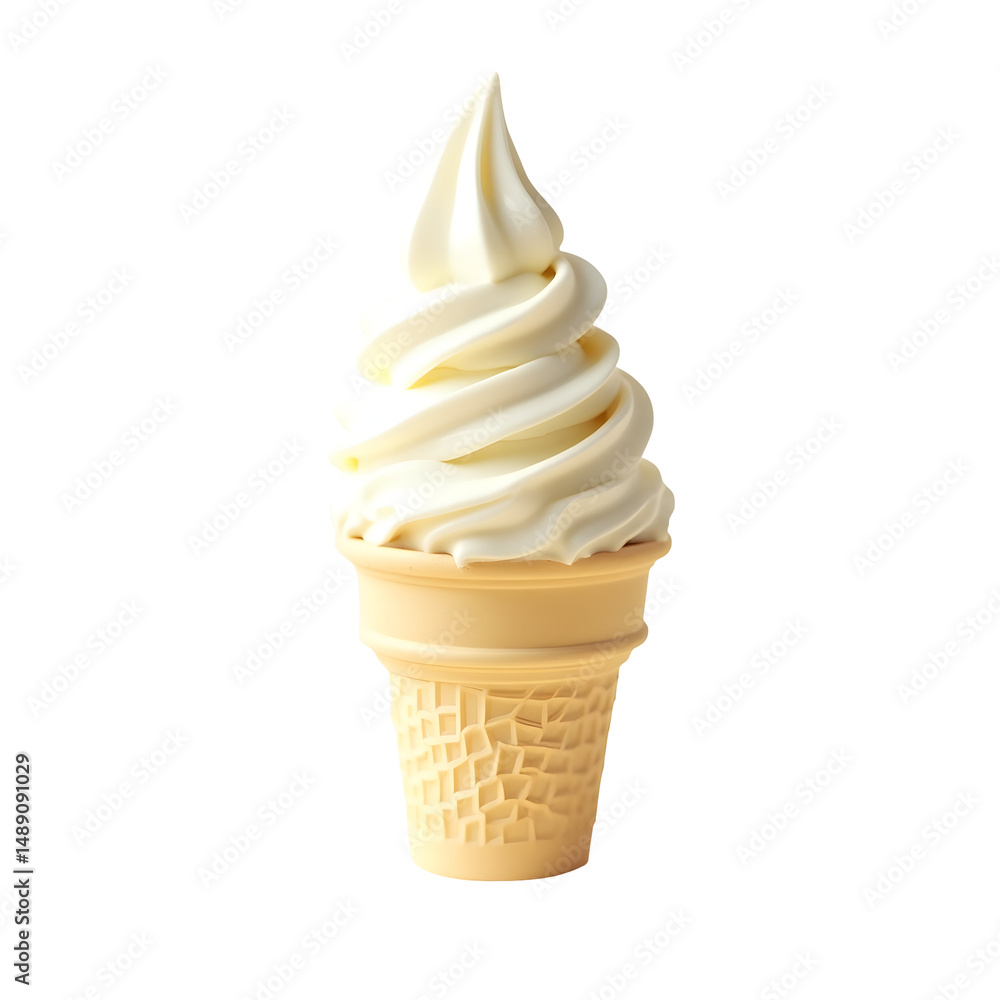Poster close-up of a delicious vanilla soft serve ice cream cone on a stark background evoking summertime r