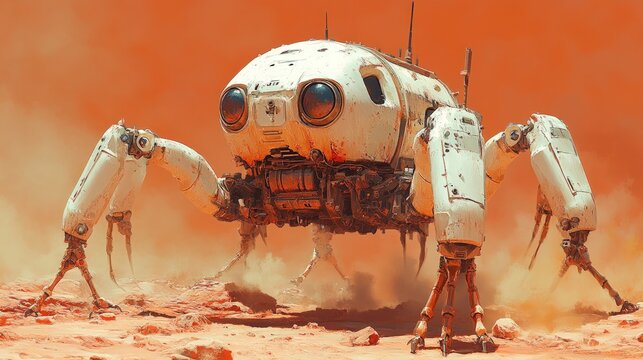 Rusty, white robot insect on orange desert