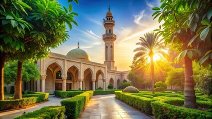 Naklejka premium Serene sunrise illuminating a peaceful place of worship, surrounded by meticulously landscaped gardens, offering a tranquil and spiritual ambiance