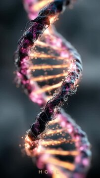 A glowing DNA strand made of flickering light and dust-like particles rotates in darkness, emphasizing molecular structure and emotional resonance through the word HOPE.