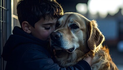 Boy being reunited with his dog at an animal shelter. Lost and Found concept