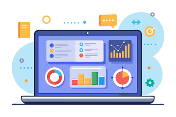 A laptop displays a user interface with various data visualizations, including charts, graphs, and widgets, surrounded by abstract design elements.