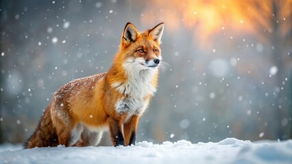 Red Fox in Winter Wonderland A Majestic Creature Amidst Falling Snow and Golden Sunset Hues