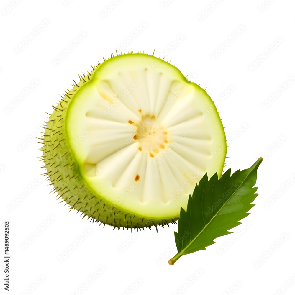 Poster close-up of a freshly cut vibrant green jackfruit slice with a leaf displaying its unique texture an