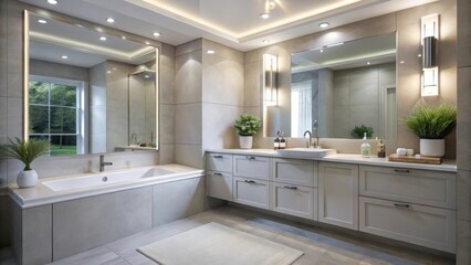 Fototapeta premium Luxurious Modern Bathroom Design with Freestanding Tub and Double Vanity Featuring Neutral Tones and Natural Elements